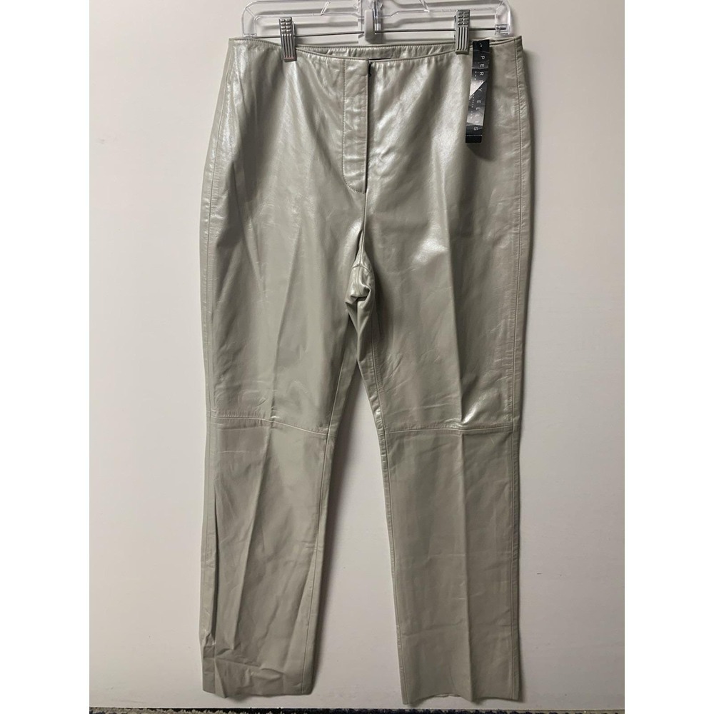 Perry Ellis Women Genuine Leather Pants Stainless Silver Grey Straight Leg 10